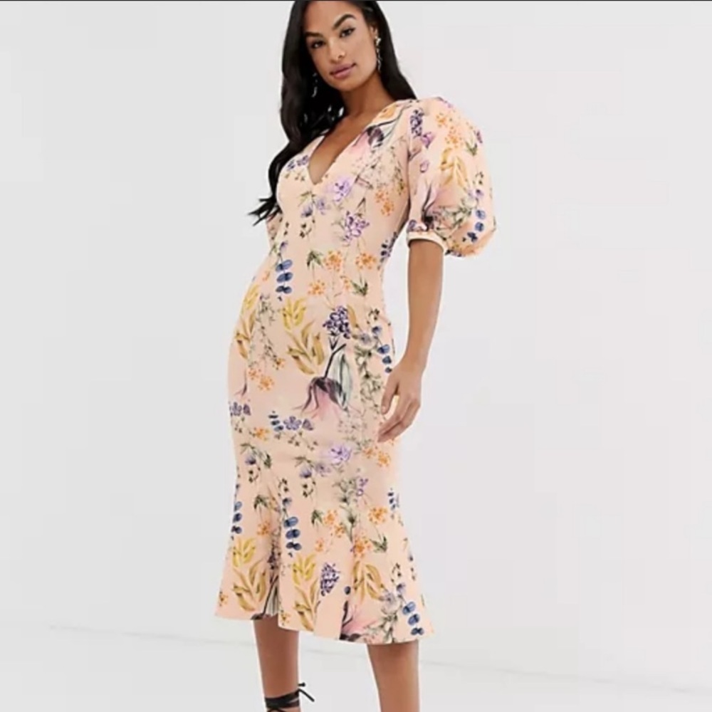 ASOS DESIGN botanical floral bubble sleeve dress